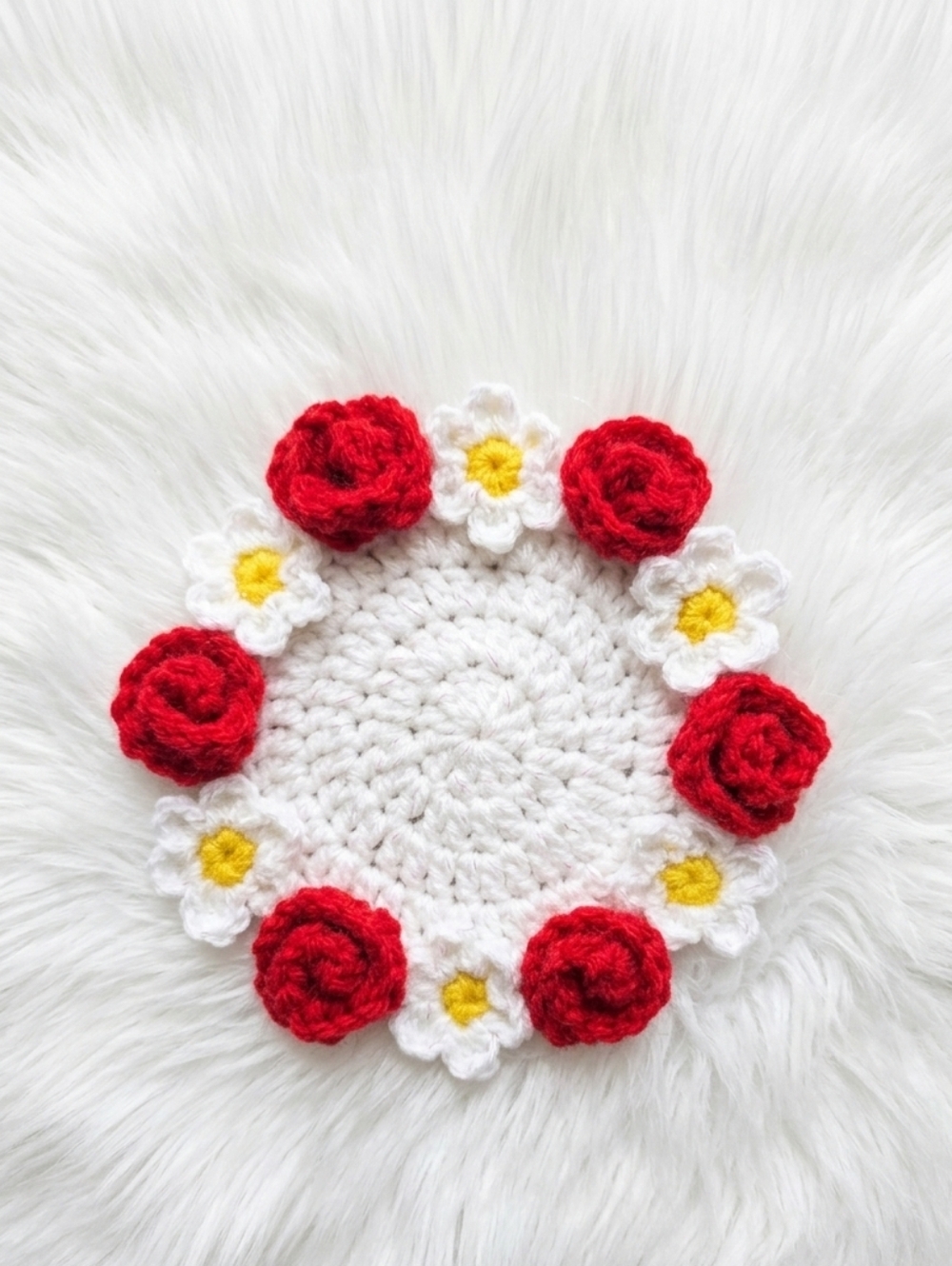 Handmade White Crochet Floral Coaster with Red Roses - Picture 2 of 3